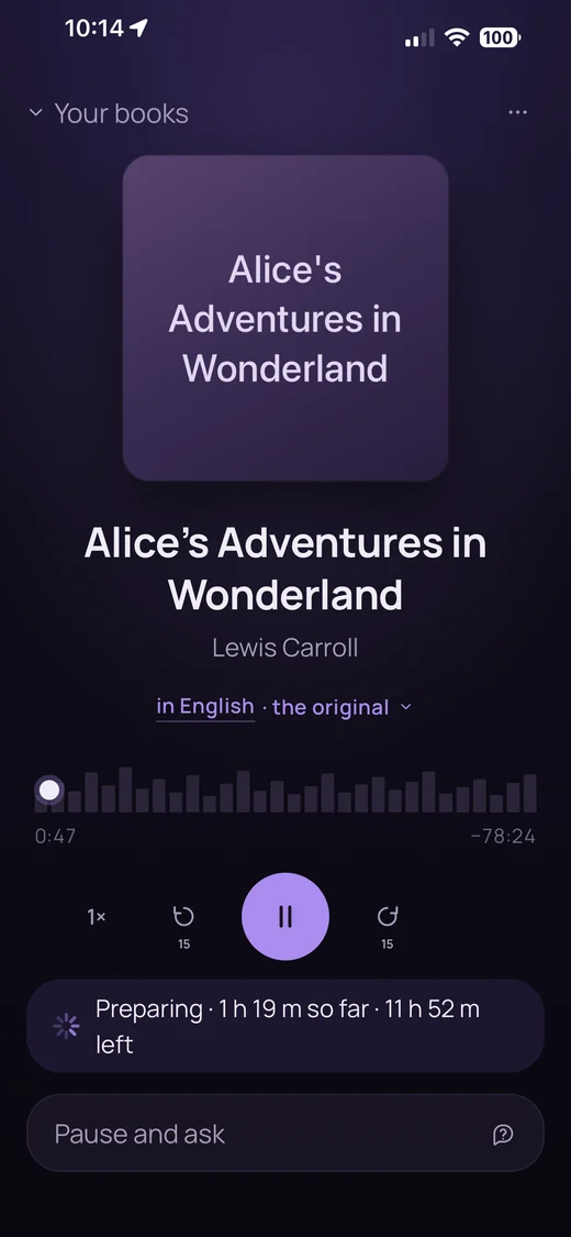 Glagoli screen: the book is read aloud, with a “Pause and ask” button below.