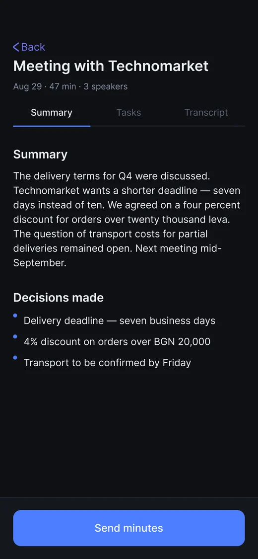 Konspekt screen: a meeting summary, the decisions taken and a “Send minutes” button.