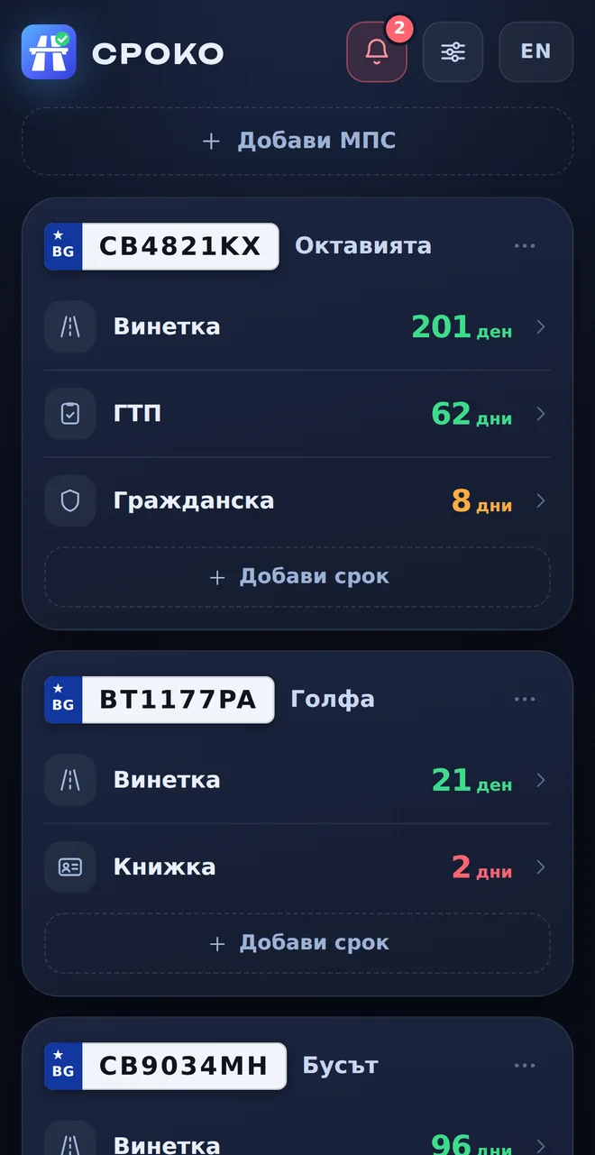 Екран на Сроко: два автомобила с оставащите дни до винетката, ГТП, гражданската и книжката.